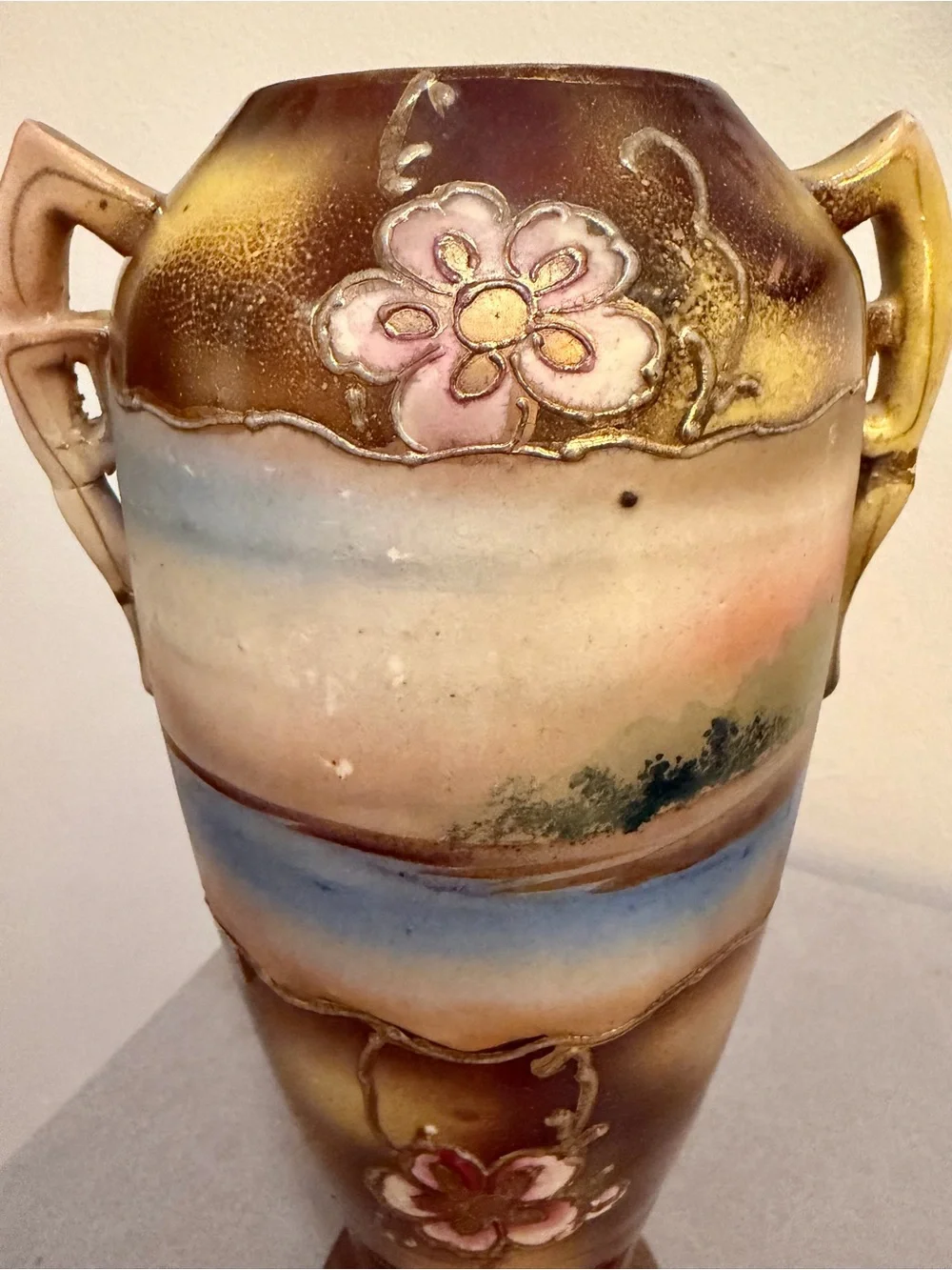 Japanese Nippon-Style Urn, Exquisite Moriage Florals & Landscape Antique 10 inch